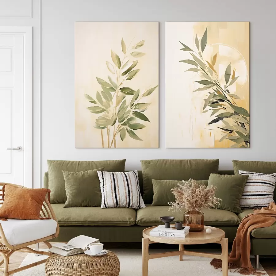 murales de pared Rama botánica con hojas verdes sobre fondo cálido m00686