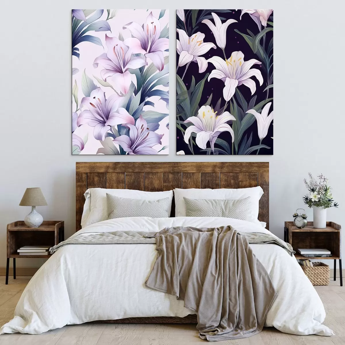 murales de pared Delicados lirios rosas con hojas verdes sobre fondo claro y oscuro m00689