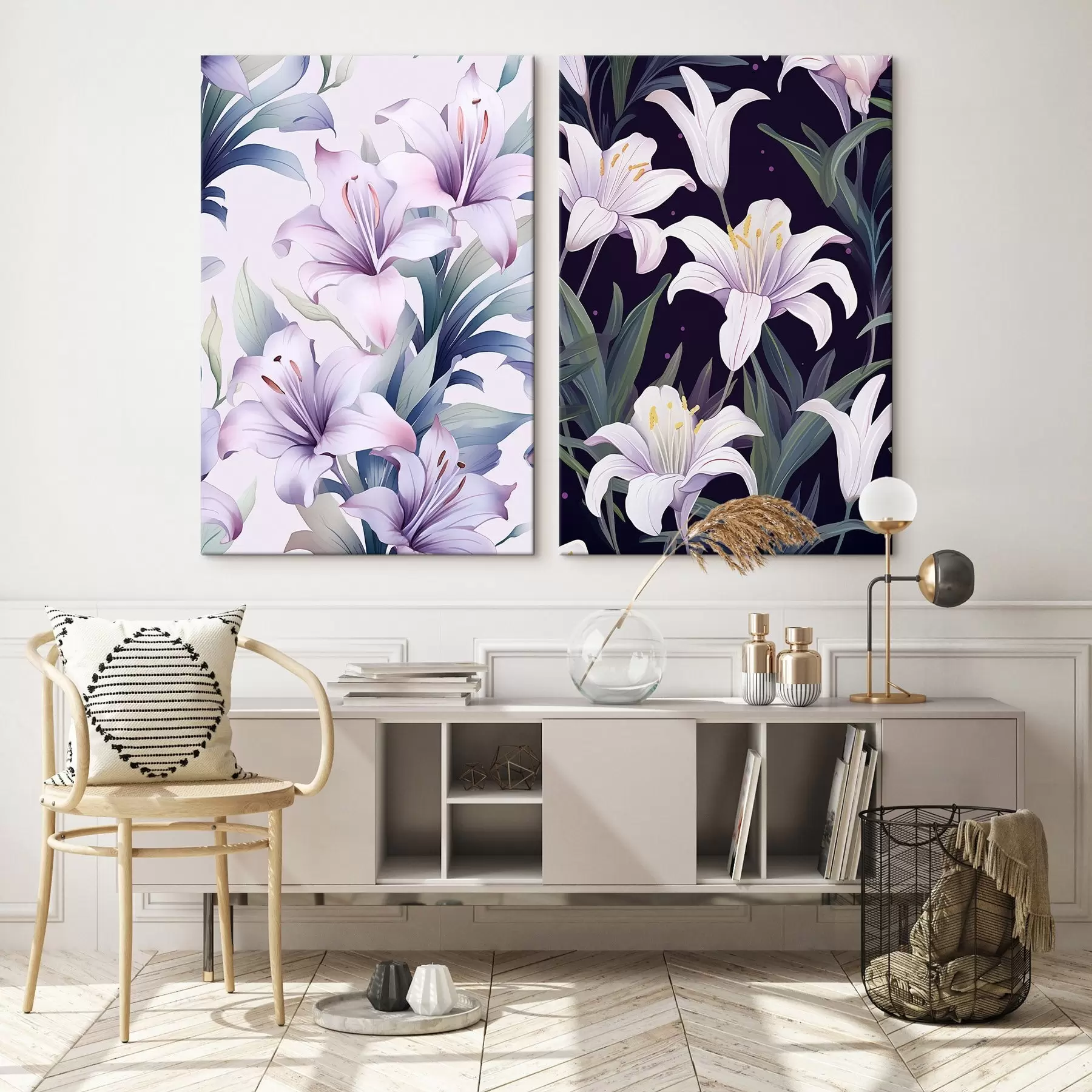 murales de pared Delicados lirios rosas con hojas verdes sobre fondo claro y oscuro m00689