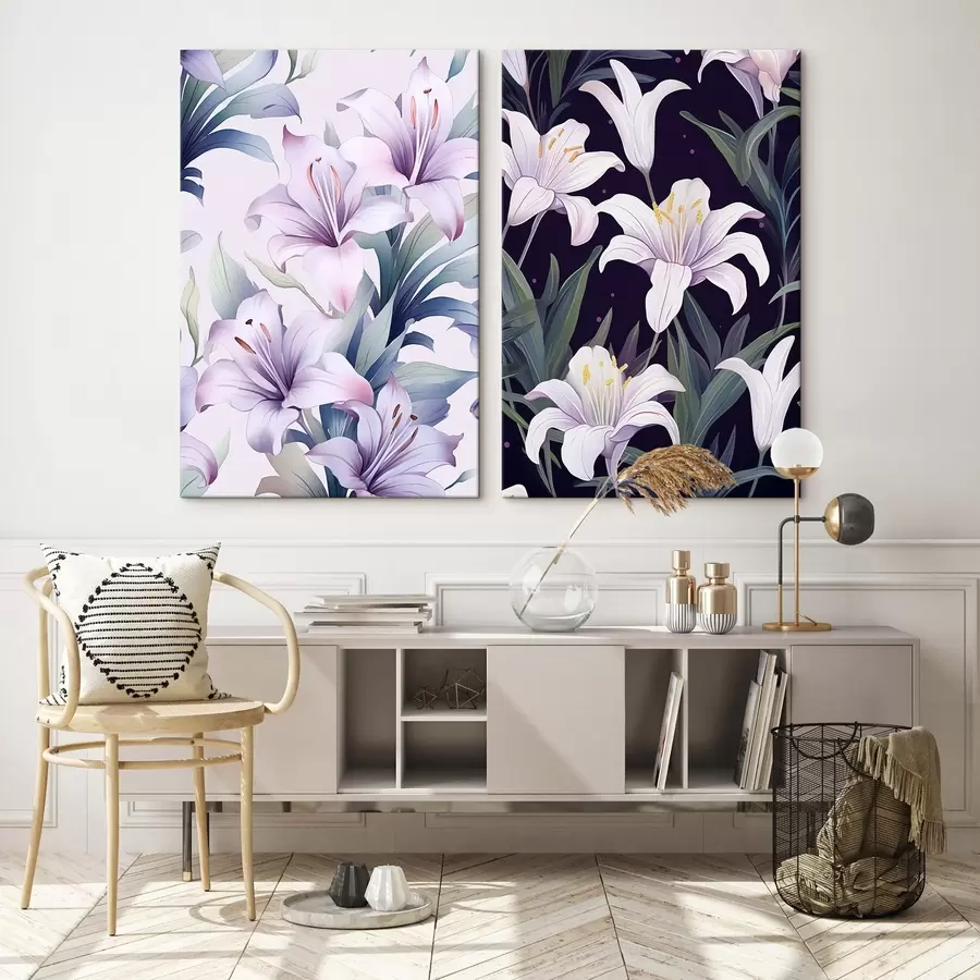 murales de pared Delicados lirios rosas con hojas verdes sobre fondo claro y oscuro m00689