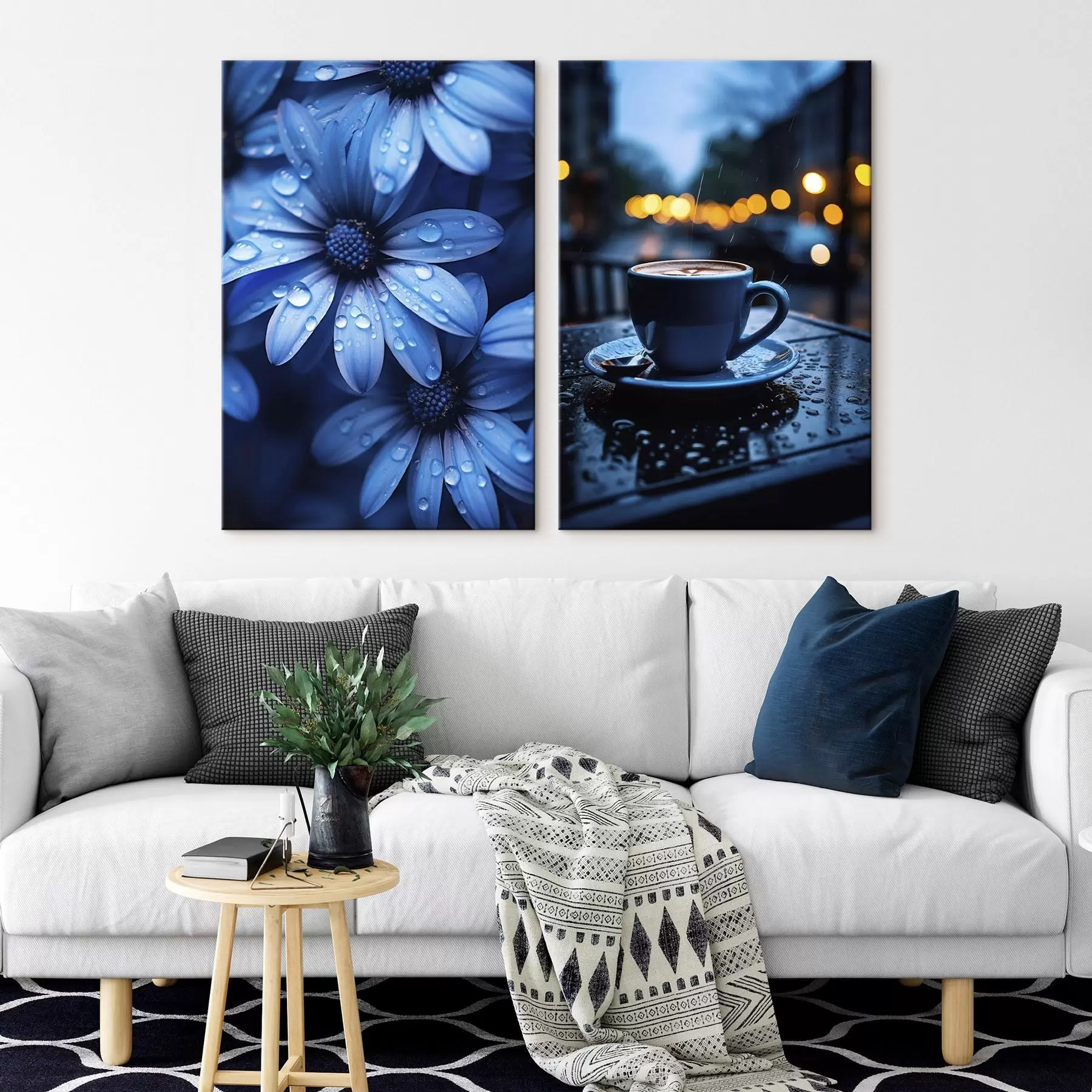 murales de pared Flores azules con gotas de agua y una taza de café bajo la lluvia m00694
