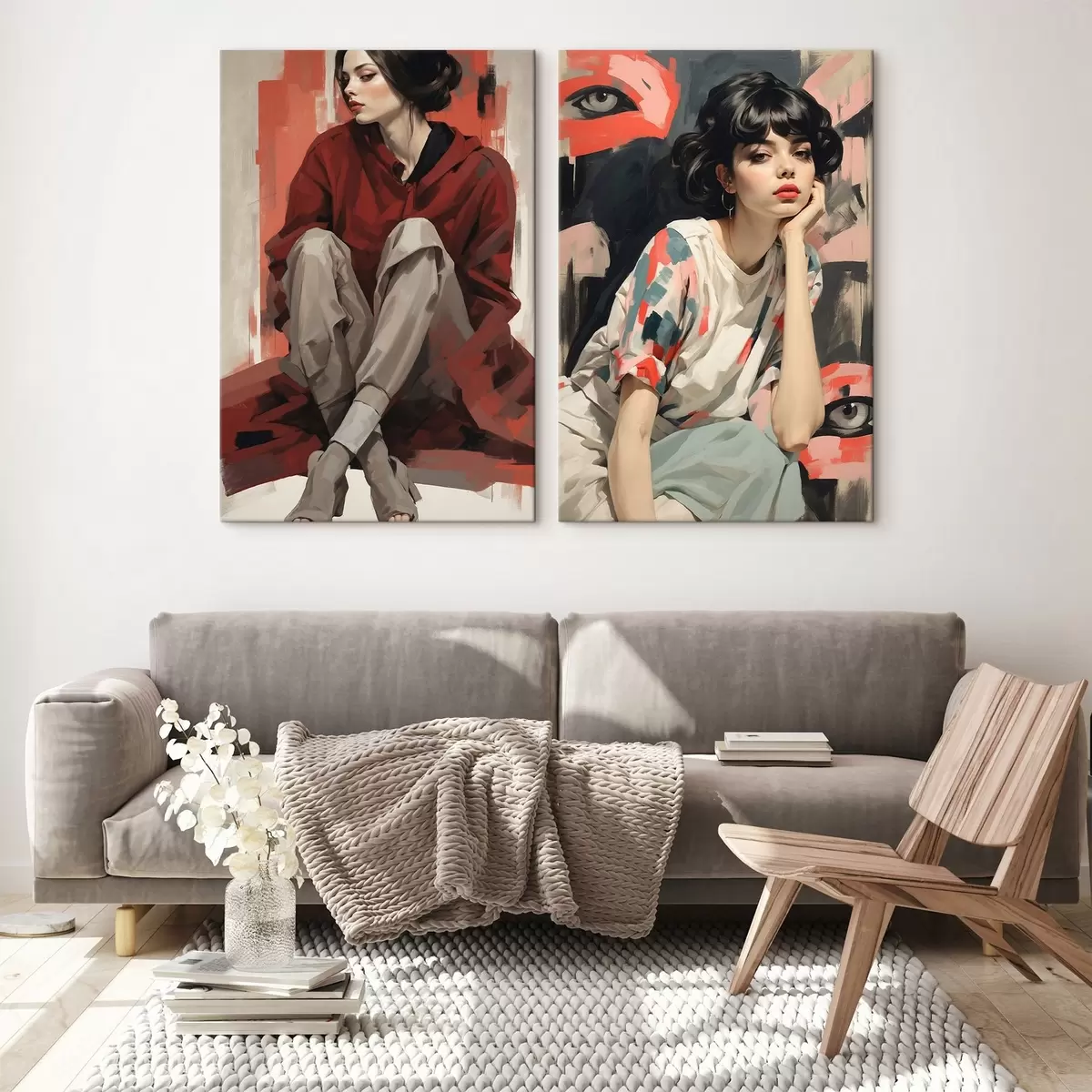 murales de pared Retratos de niñas en rojo y beige estilos abstractos m00695