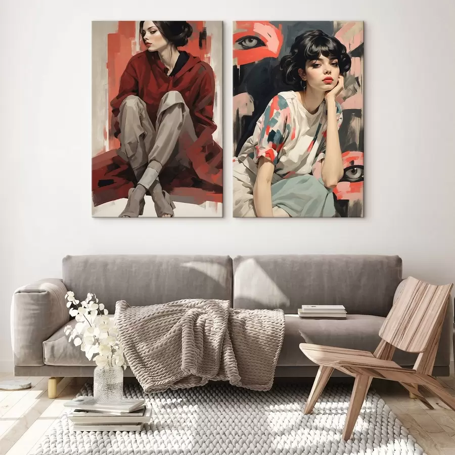 murales de pared Retratos de niñas en rojo y beige estilos abstractos m00695