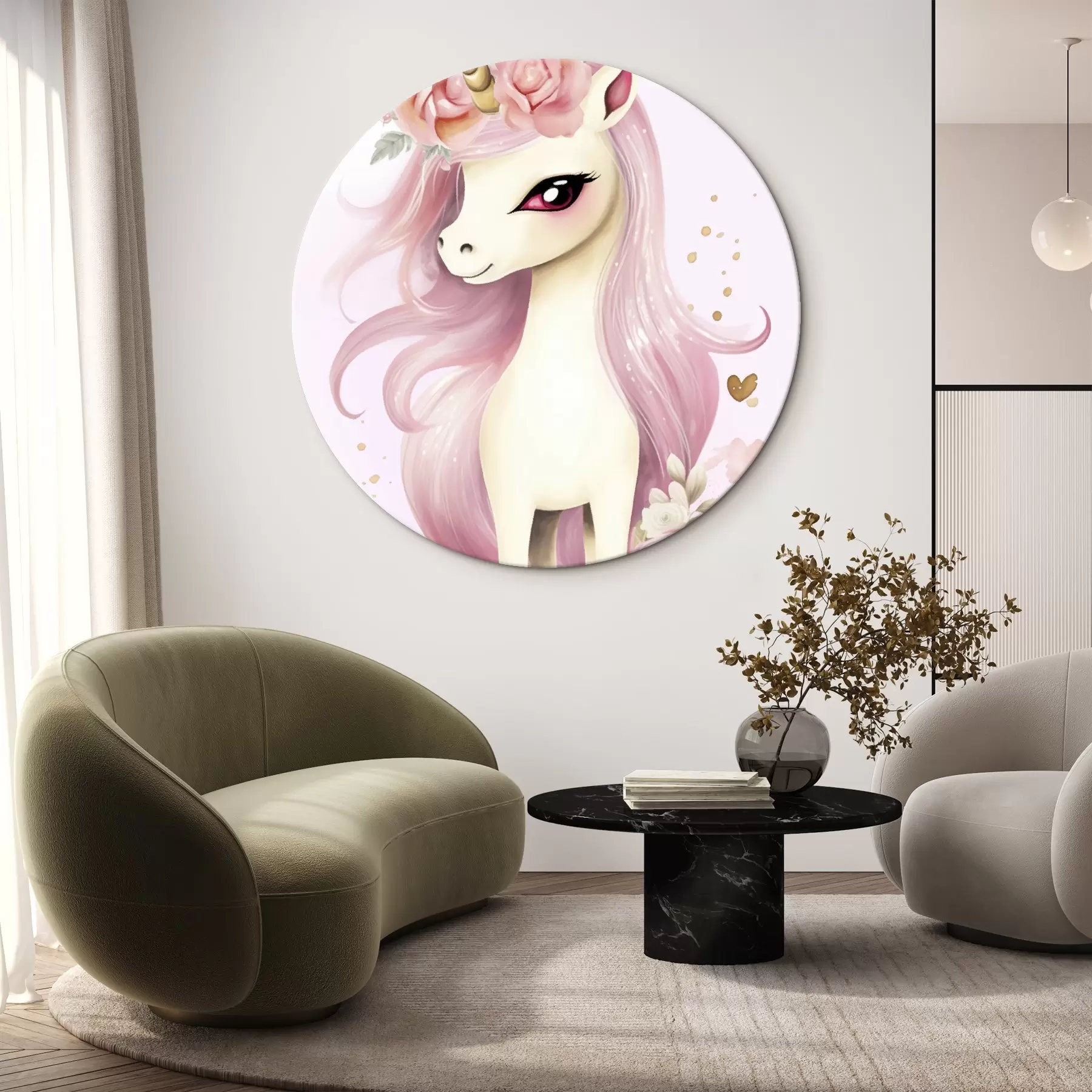 murales de pared Unicornio con crin rosa y corona floral r45484