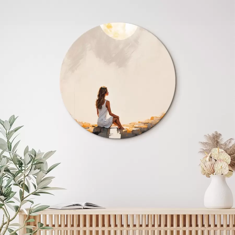 murales de pared Chica con vestido blanco sentada bajo una gran luna r45621