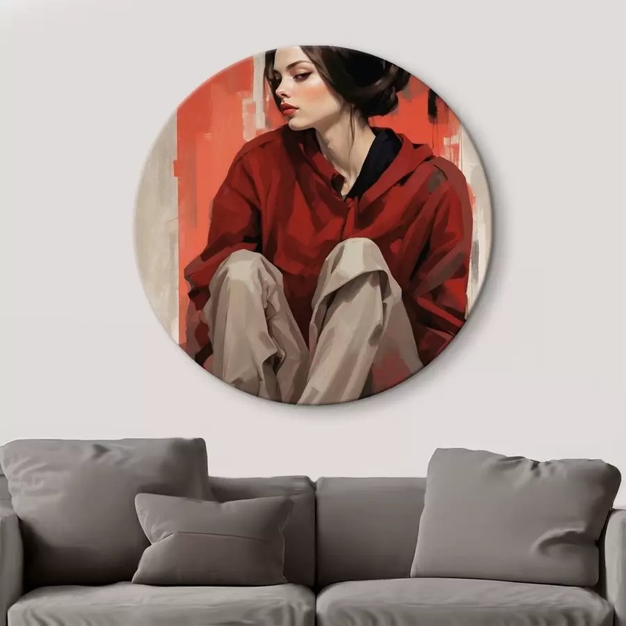 murales de pared Chica con capa roja sentada con las piernas dobladas r45624