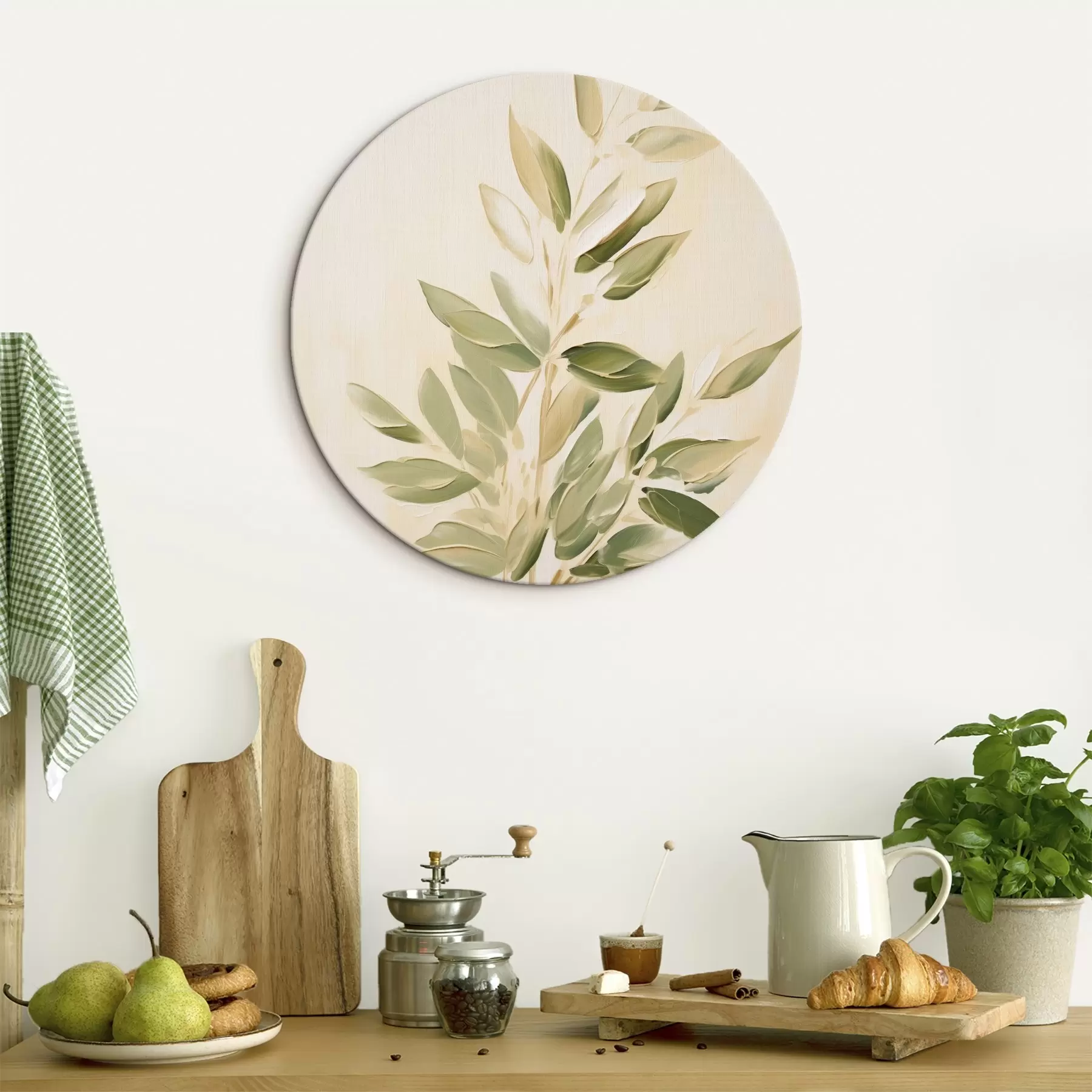 murales de pared Rama con hojas verdes sobre fondo beige claro r45689