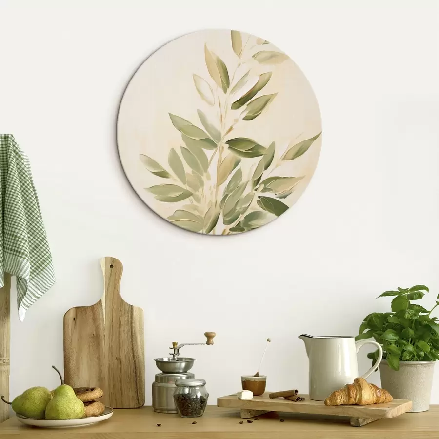 murales de pared Rama con hojas verdes sobre fondo beige claro r45689