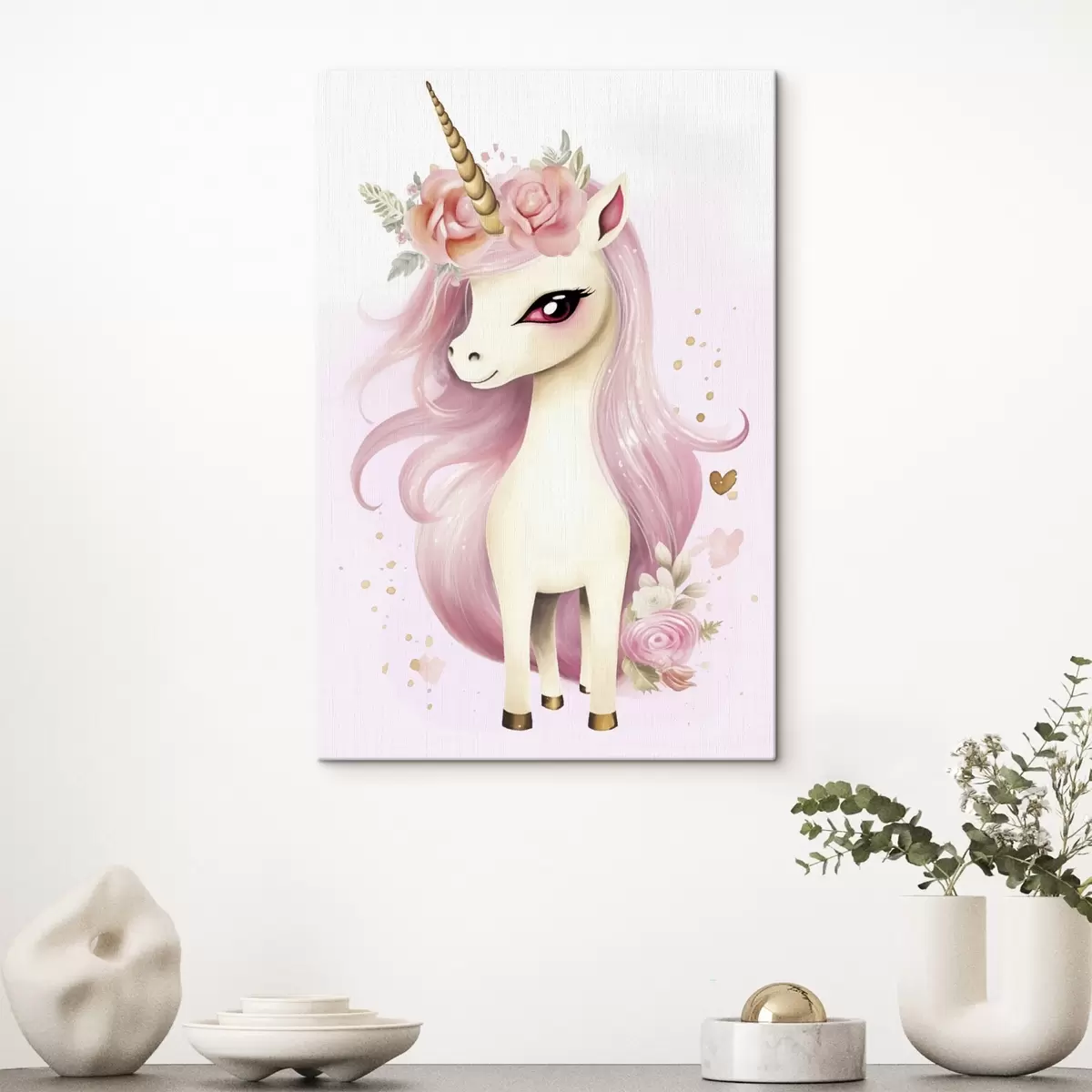 murales de pared Unicornio con crin rosa y corona floral s45484