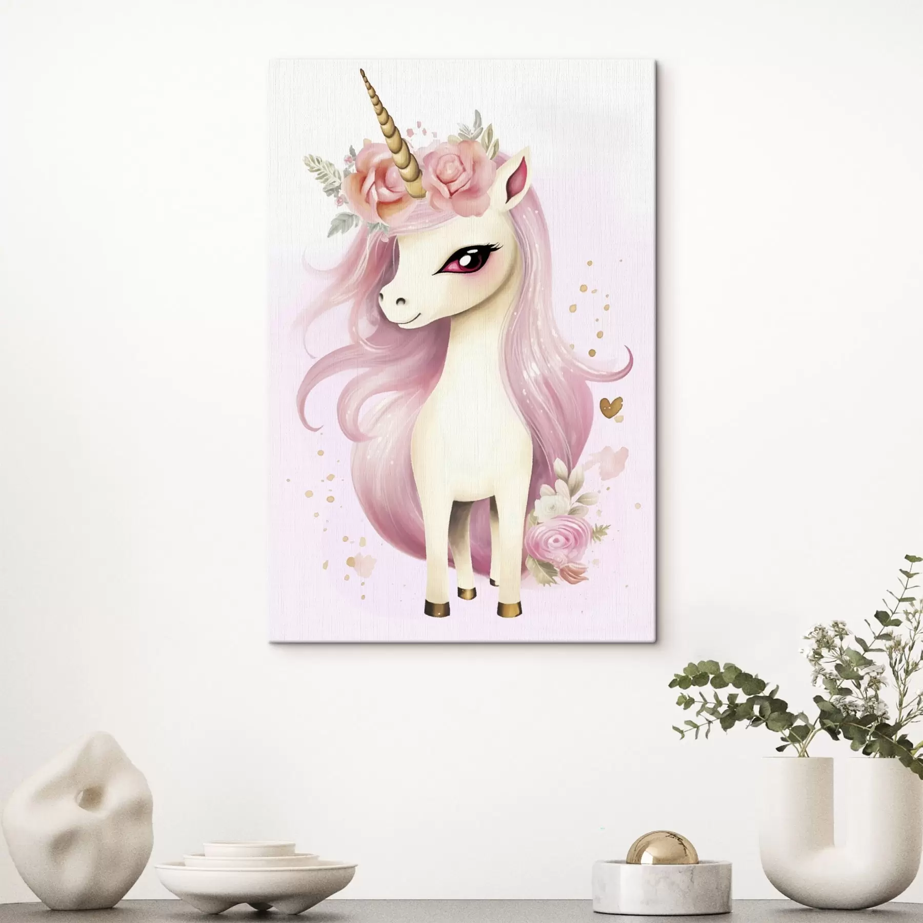 murales de pared Unicornio con crin rosa y corona floral s45484
