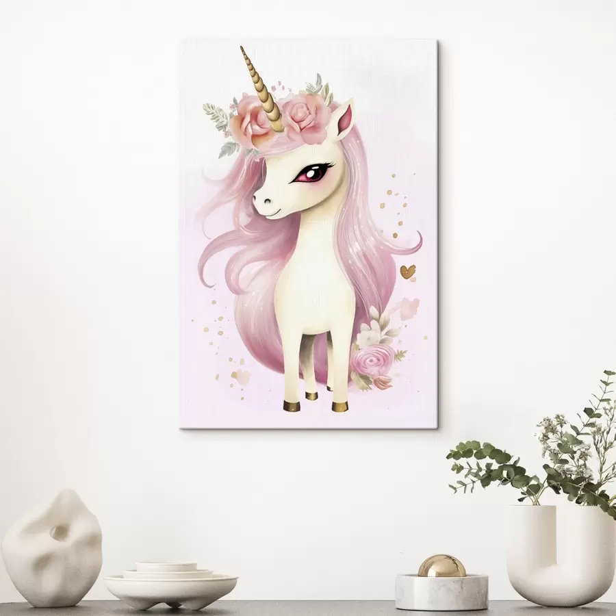murales de pared Unicornio con crin rosa y corona floral s45484
