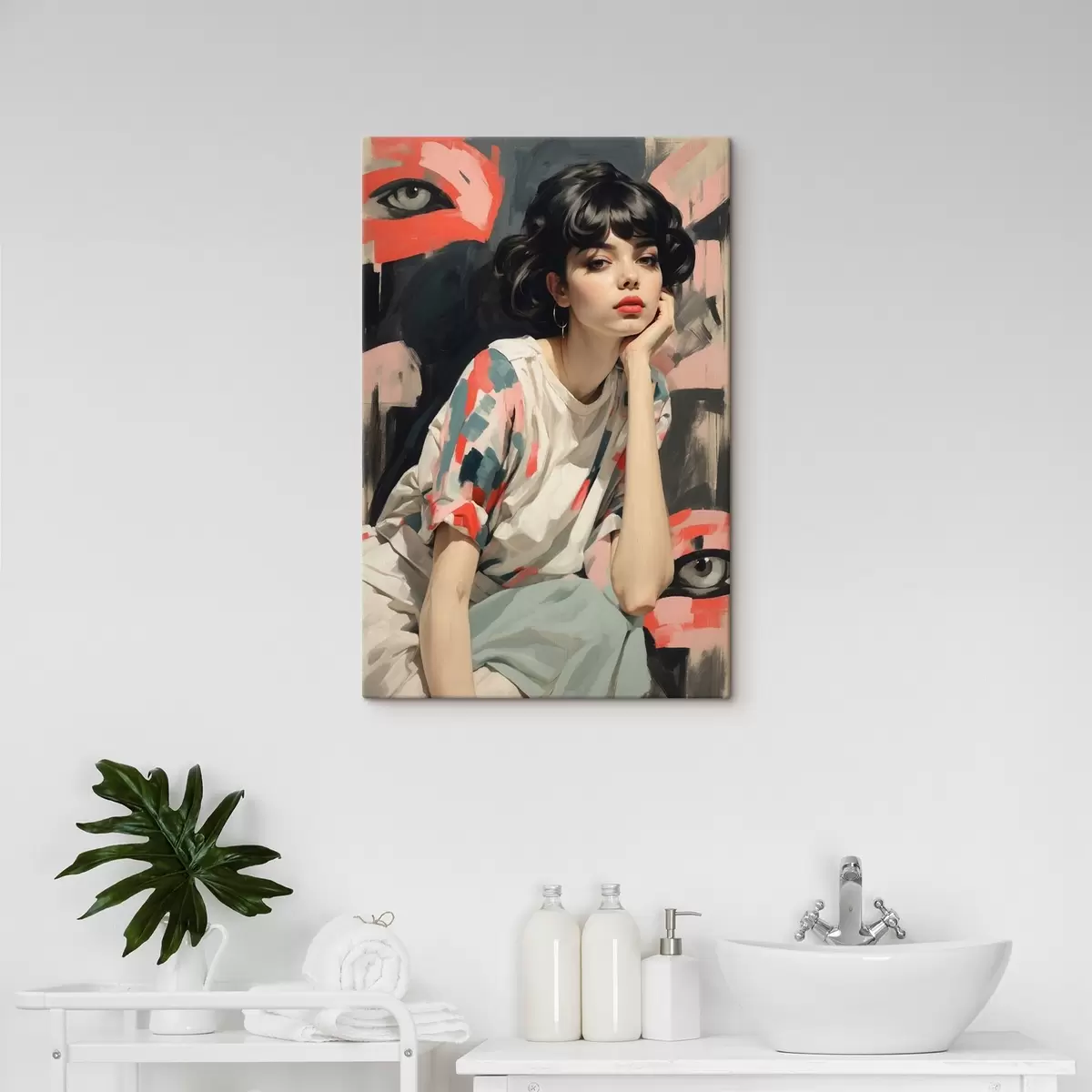 murales de pared Retrato de niña sobre fondo con ojos y trazos abstractos s45623