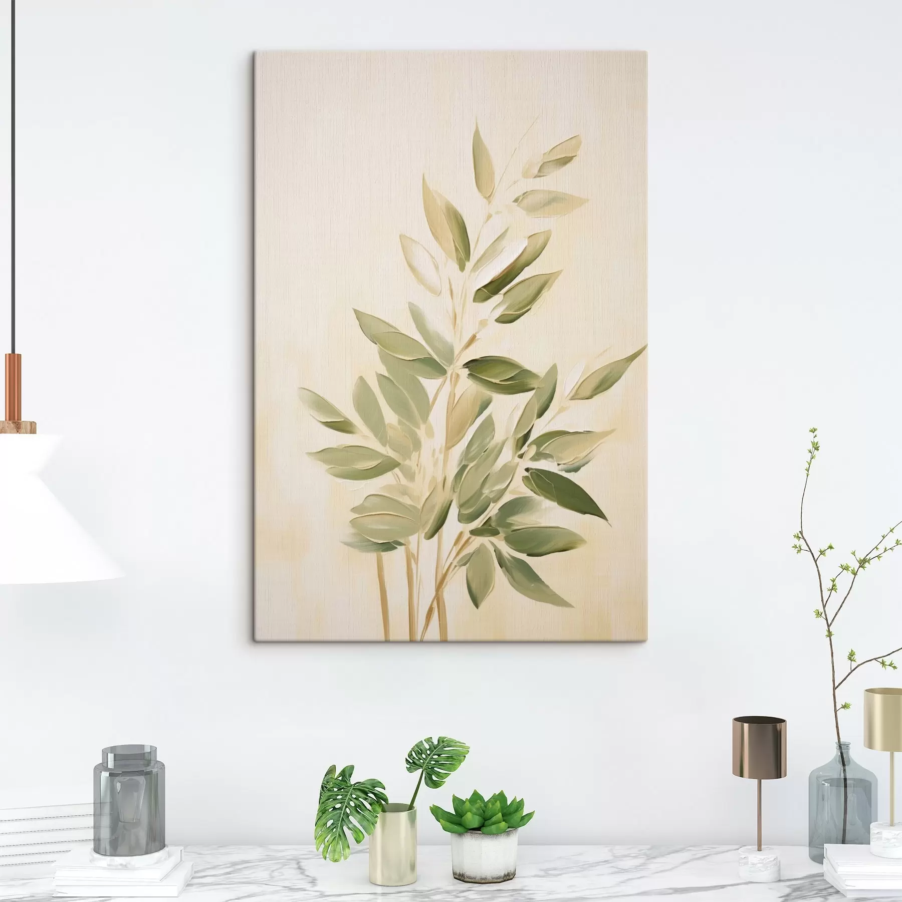 murales de pared Rama con hojas verdes sobre fondo beige claro s45689