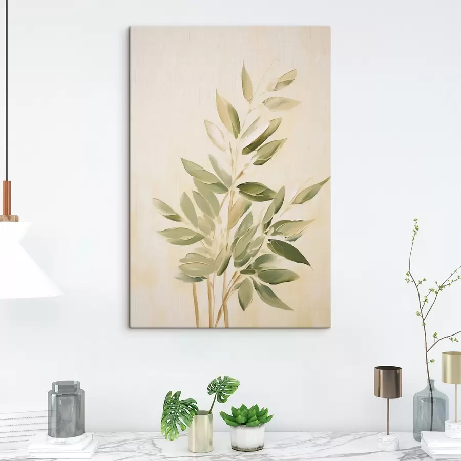 murales de pared Rama con hojas verdes sobre fondo beige claro s45689