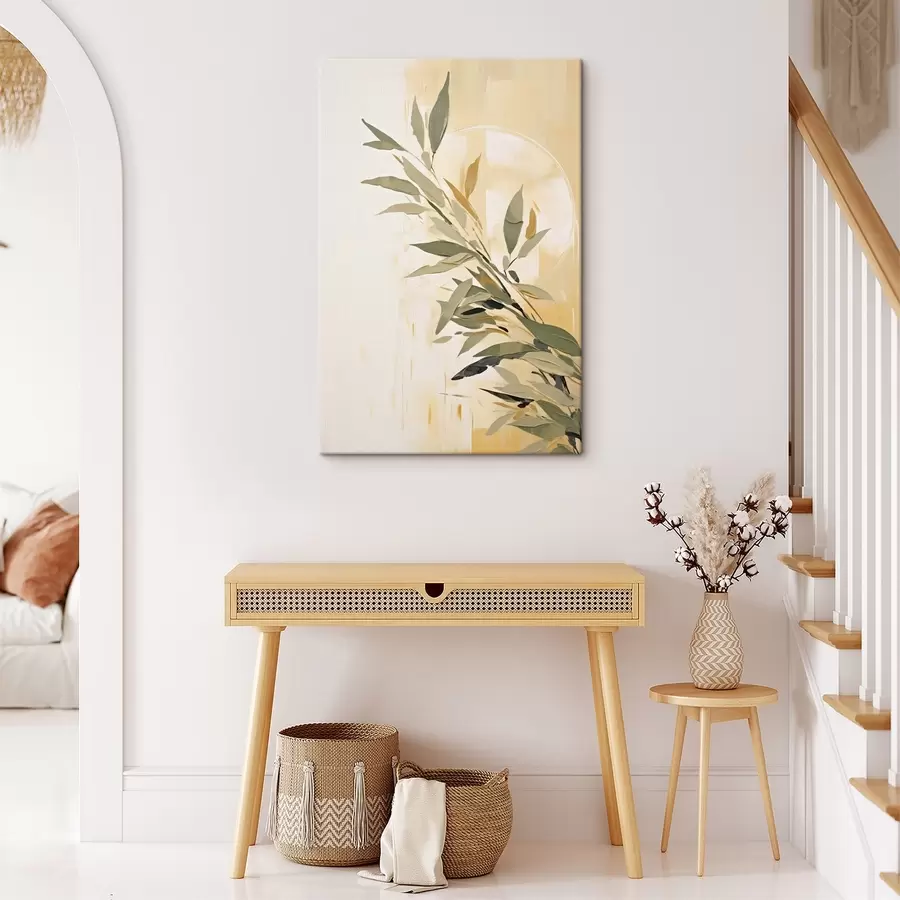 murales de pared Rama botánica con hojas verdes sobre fondo cálido s45690