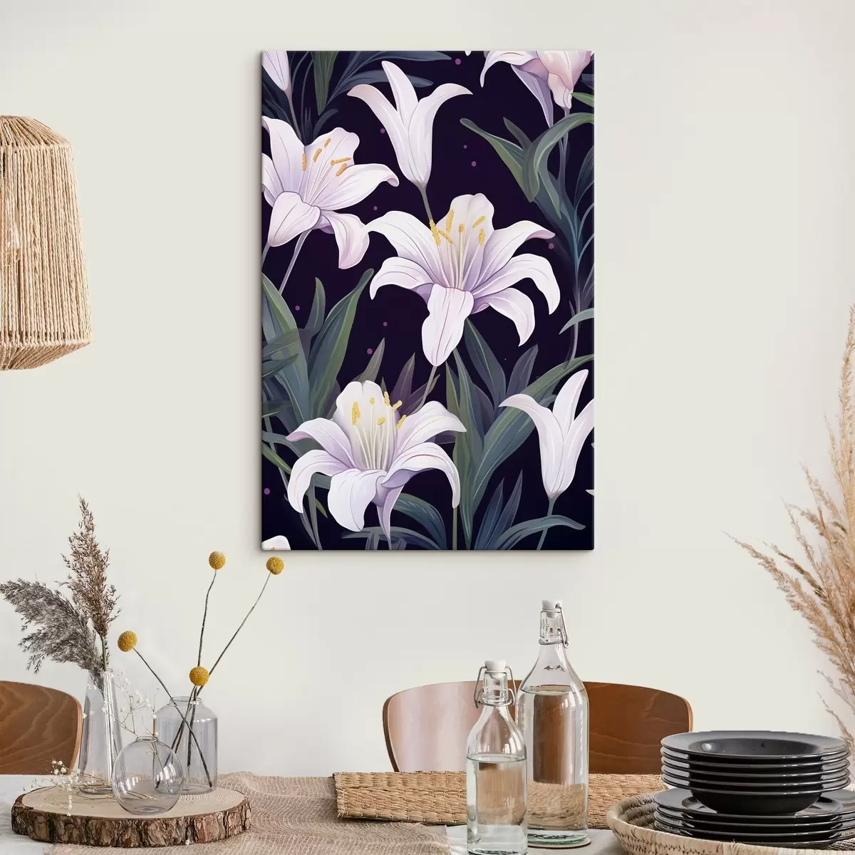 murales de pared Delicados lirios sobre fondo oscuro con hojas verdes s45697