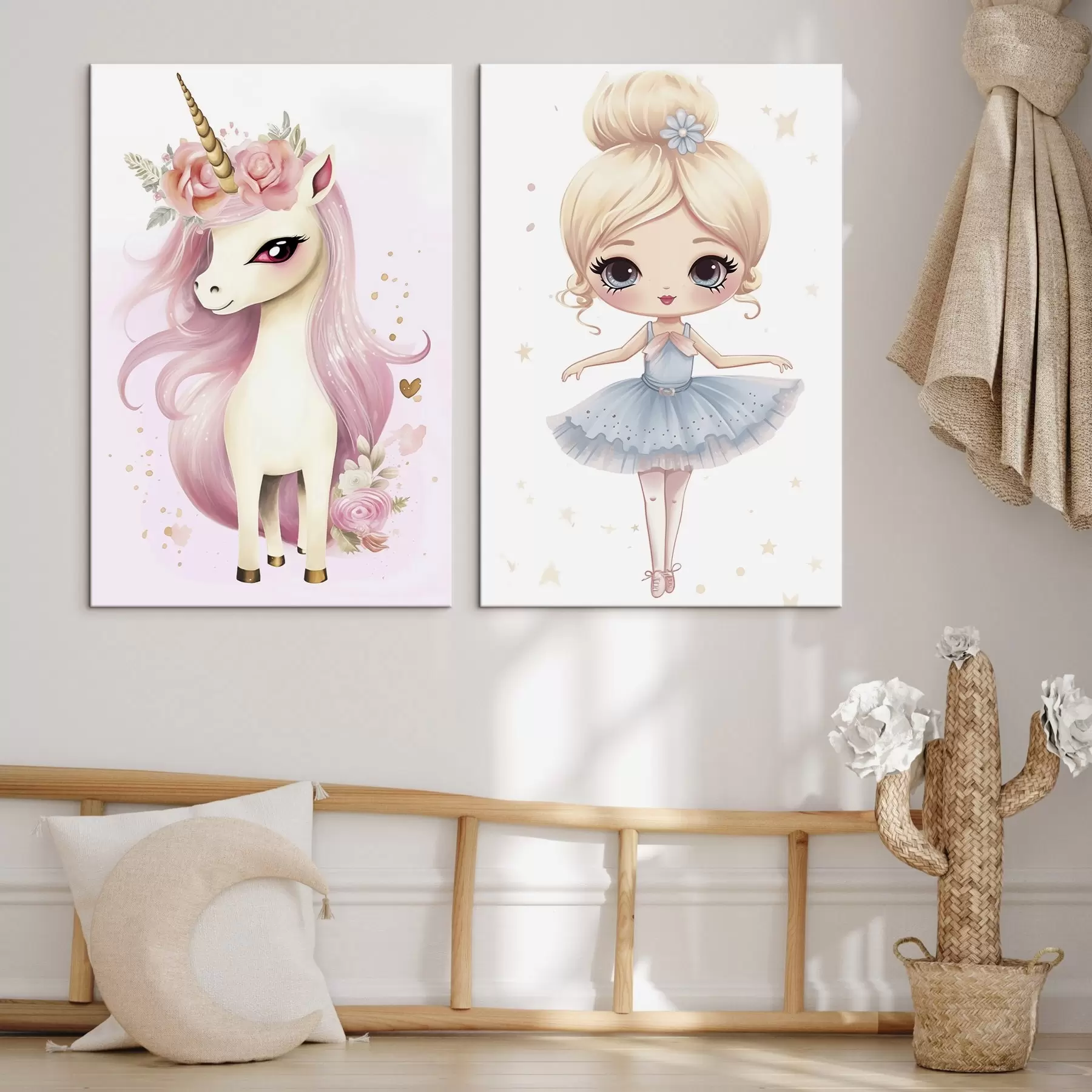 murales de pared Muñeca bailarina con vestido azul y unicornio con melena rosa m00692