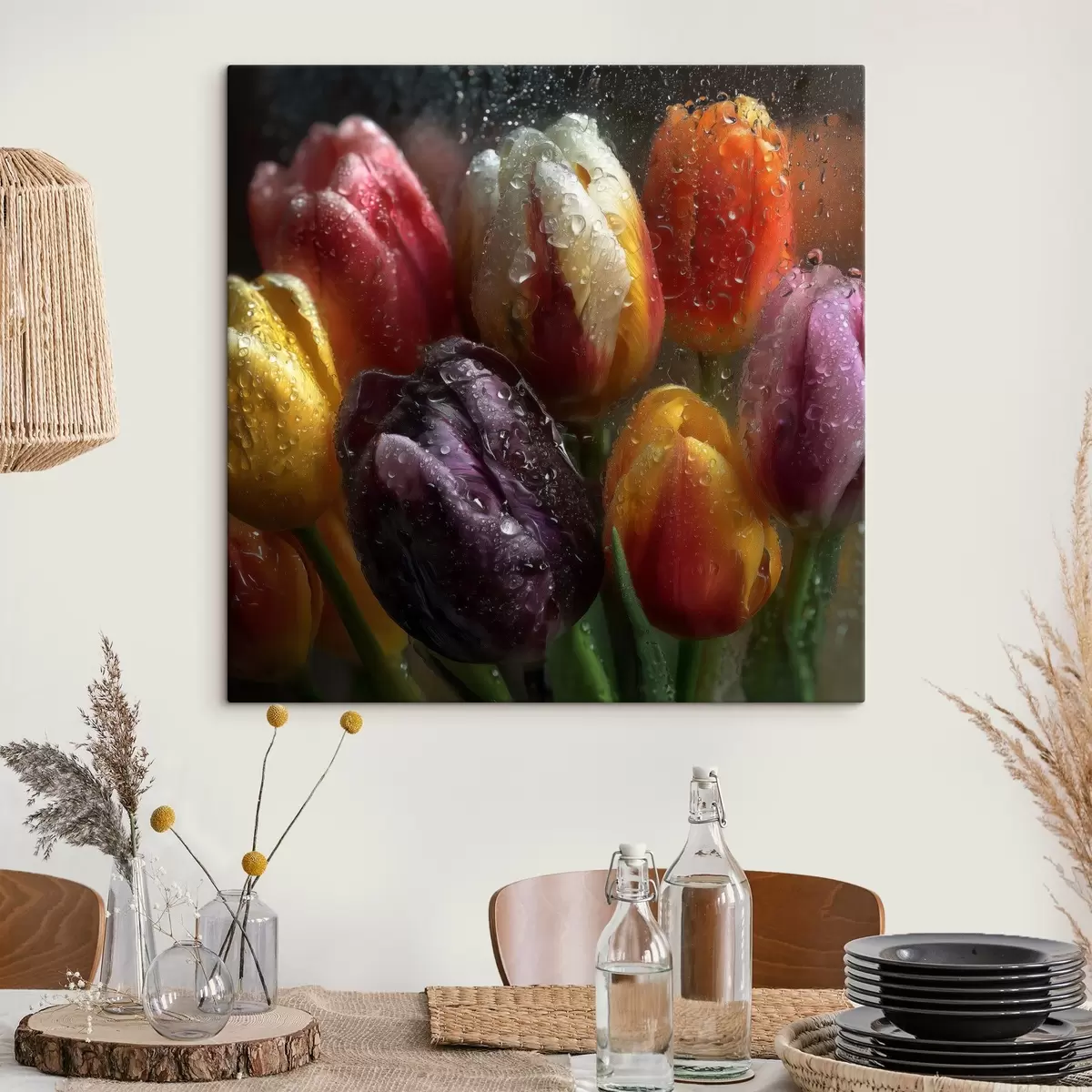 murales de pared Tulipanes bajo la lluvia: colores brillantes s45642