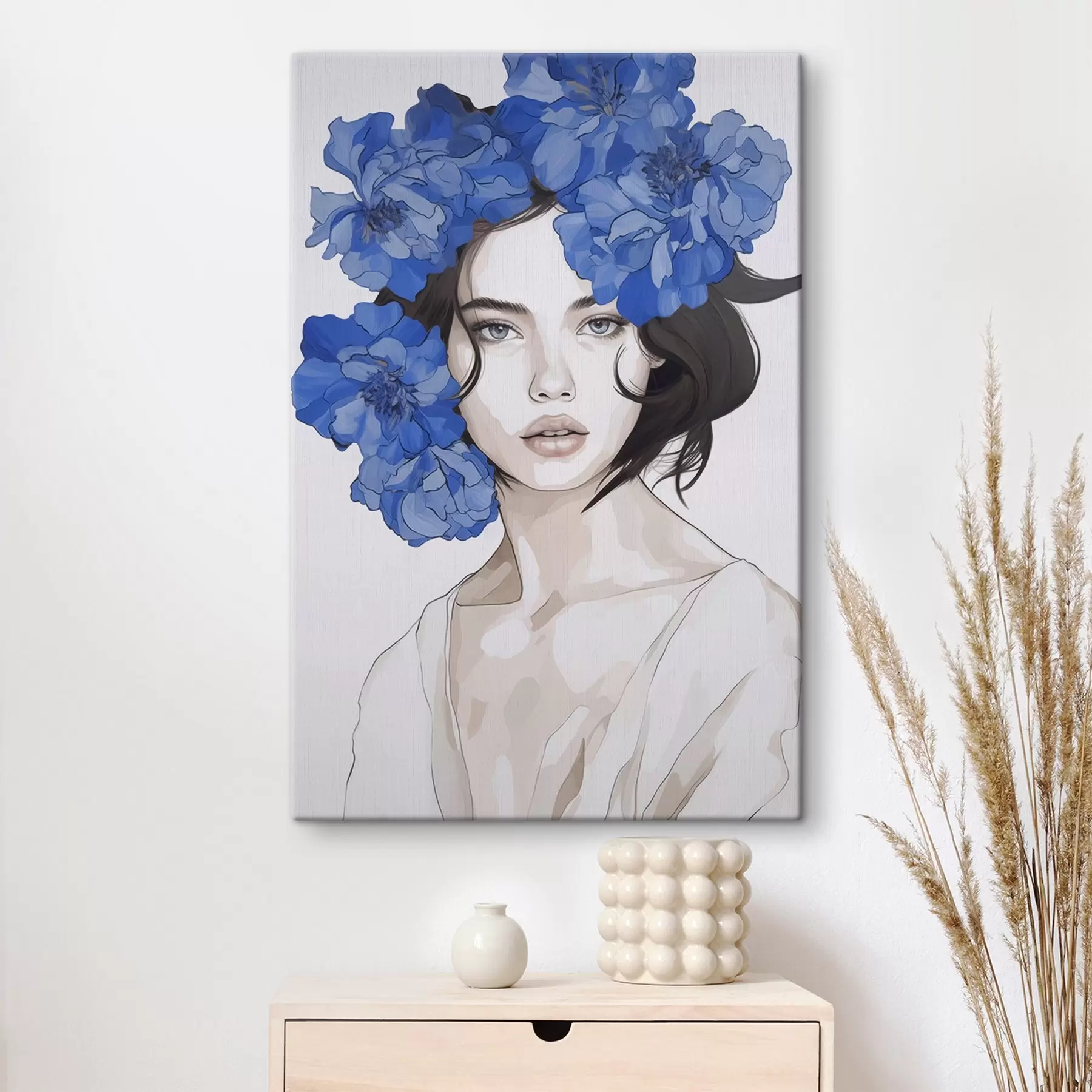 murales de pared Retrato de una niña con flores azules s45756