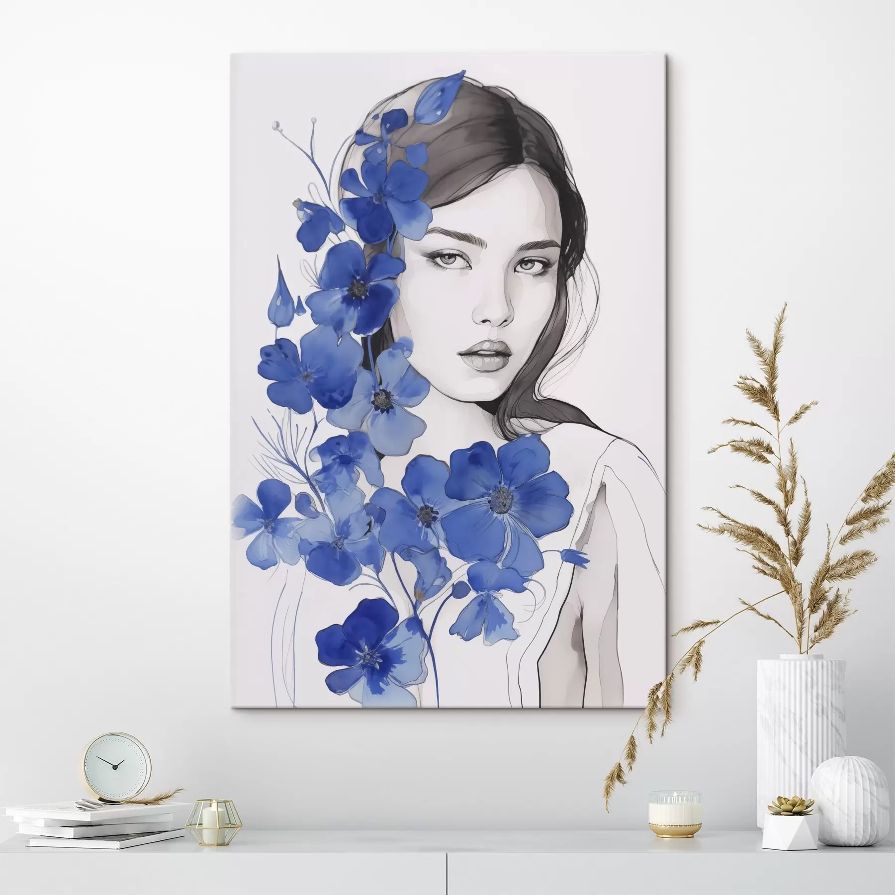murales de pared Niña y flores azules s45757