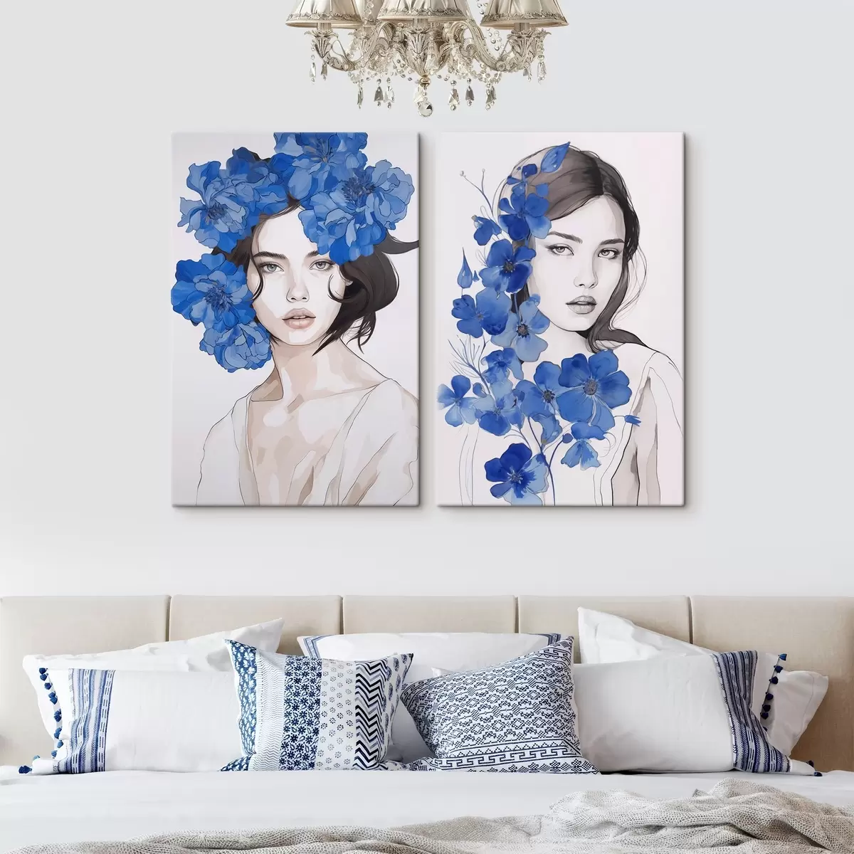 murales de pared Retrato de una niña con flores azules m00721