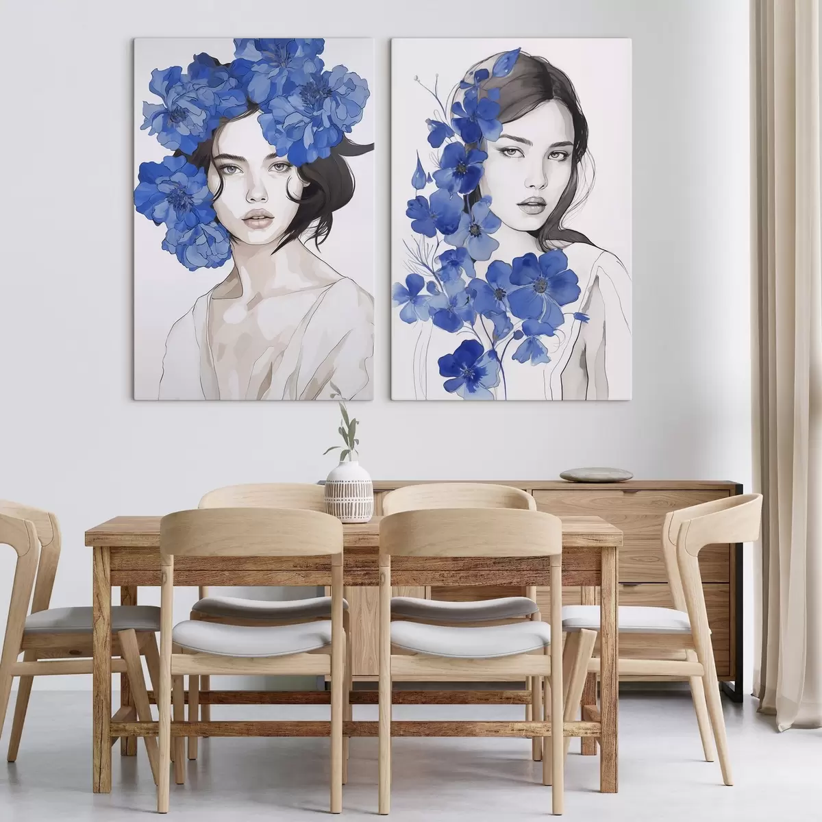 murales de pared Retrato de una niña con flores azules m00721