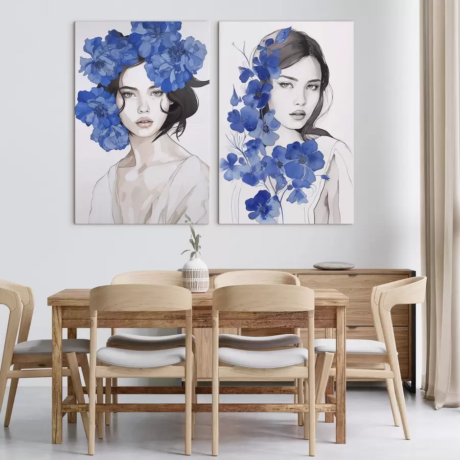 murales de pared Retrato de una niña con flores azules m00721