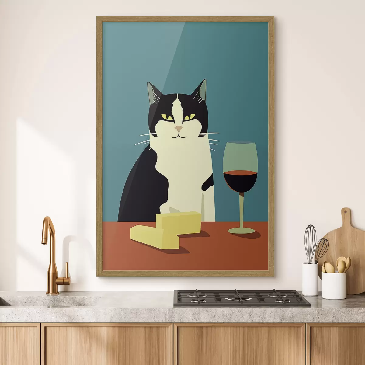 Poster Gato con vino y queso f45801