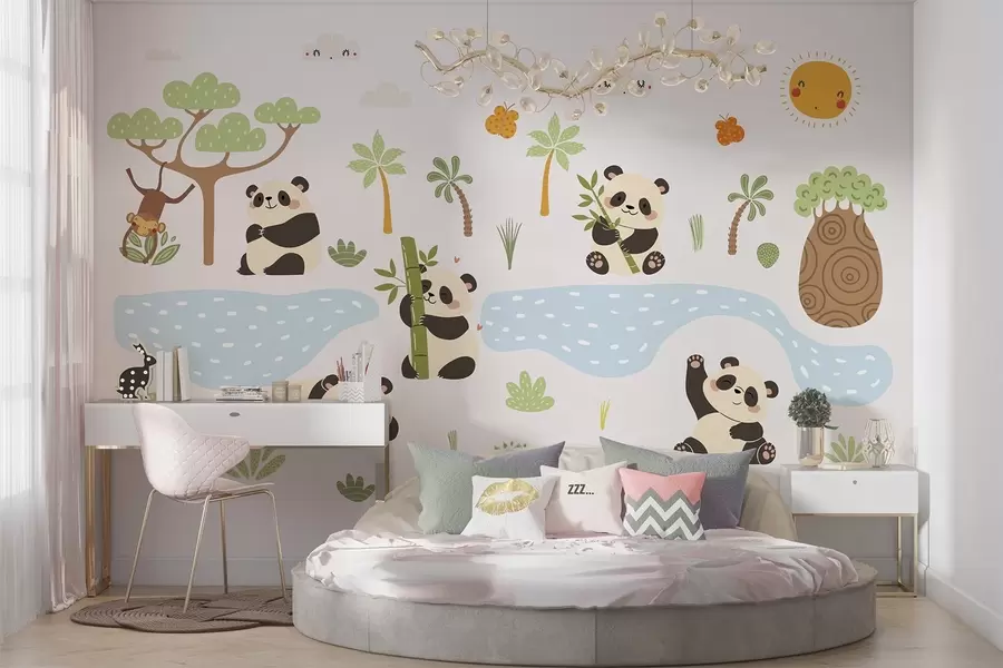 murales de pared Pandas alegres junto al río w04541