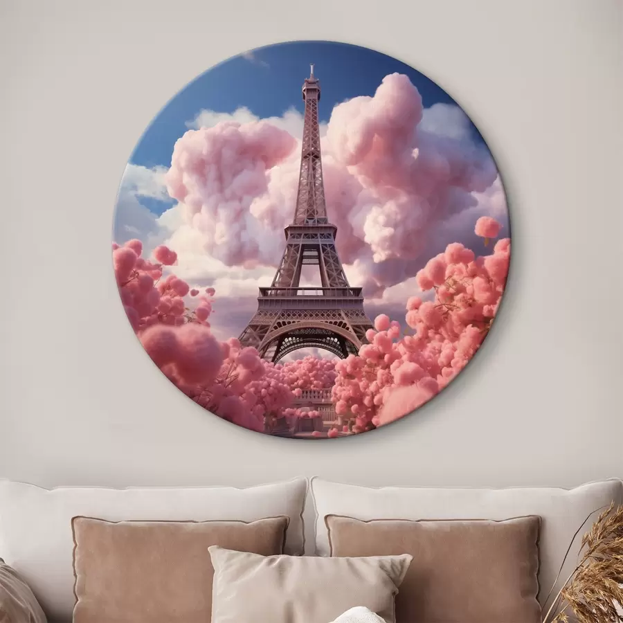murales de pared Torre Eiffel en nubes rosas en estilo fantasía r45036