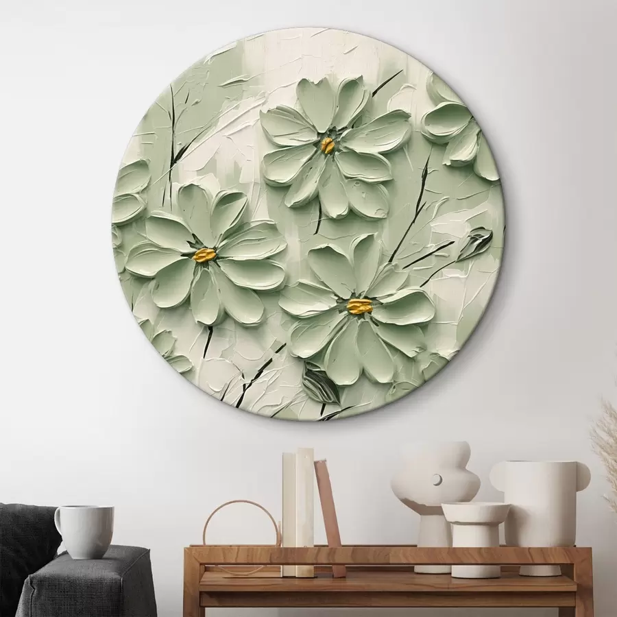 murales de pared Flores verdes con centros amarillos pintadas con pinceladas gruesas sobre fondo claro r45265