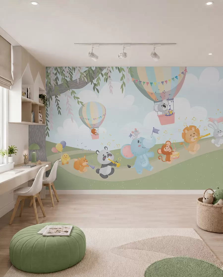 murales de pared Paisaje con animales tocando instrumentos musicales w04200