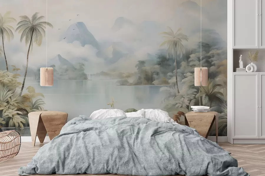 murales de pared Río en la selva cerca de las montañas w04536