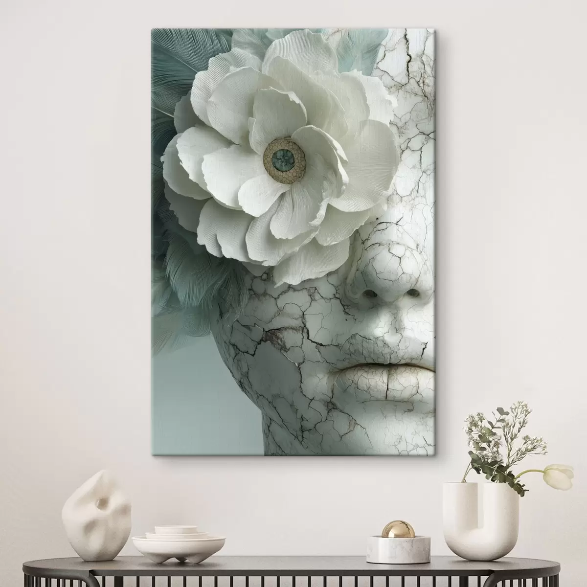 murales de pared rostro de mármol de una niña con una flor s45709