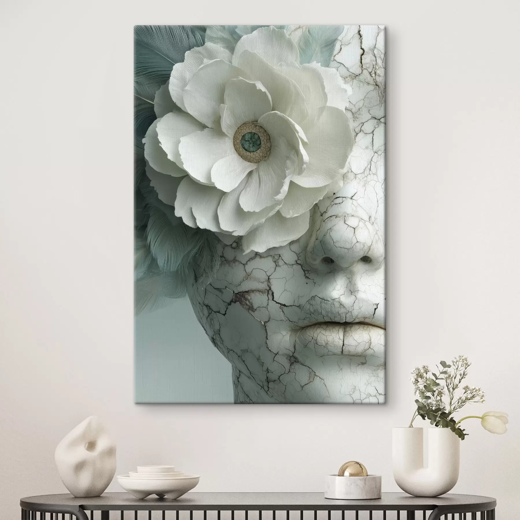 murales de pared rostro de mármol de una niña con una flor s45709