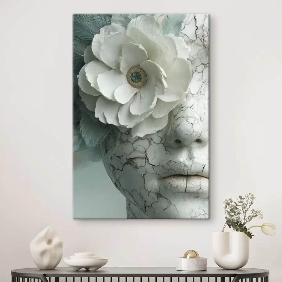 murales de pared rostro de mármol de una niña con una flor s45709