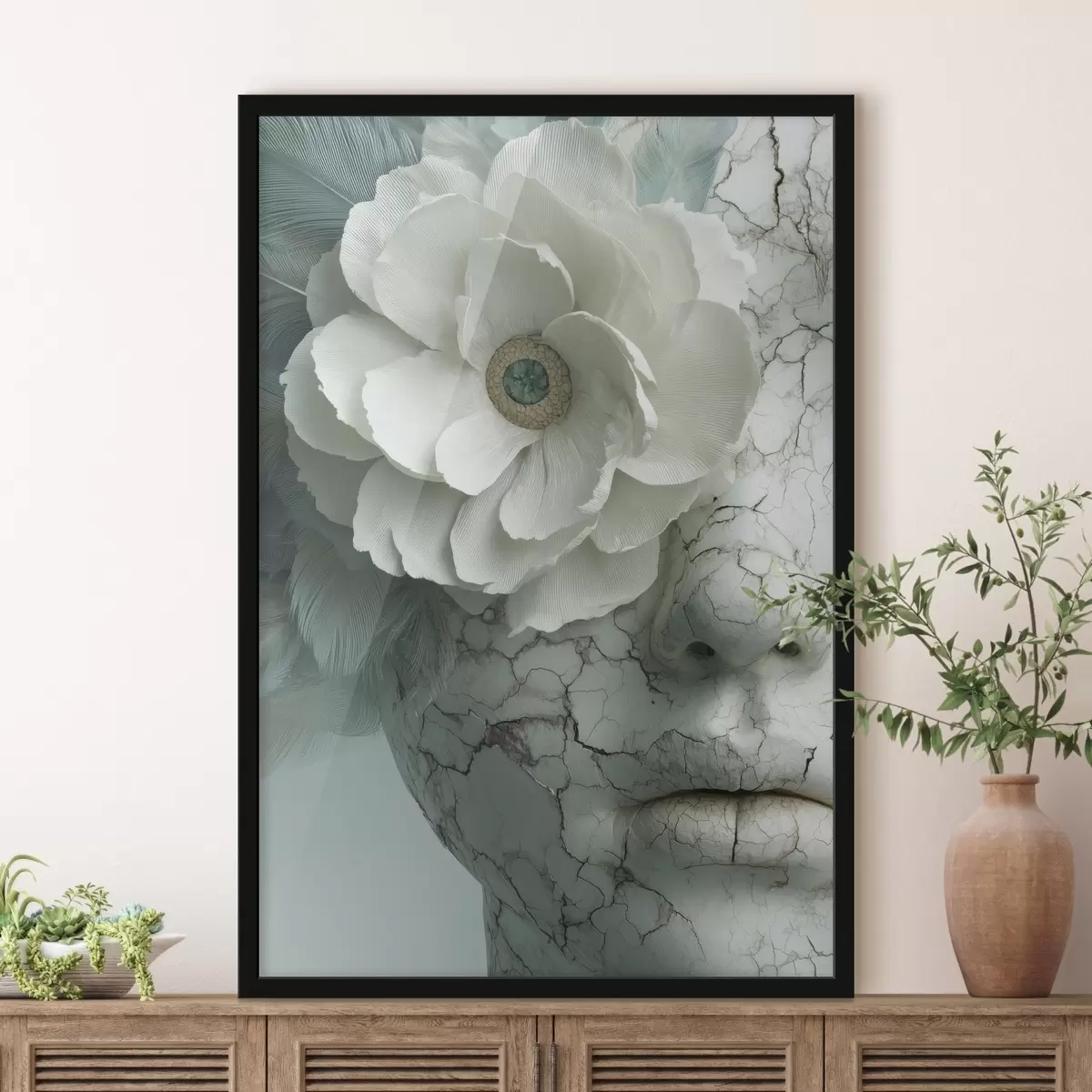 Poster rostro de mármol de una niña con una flor f45709