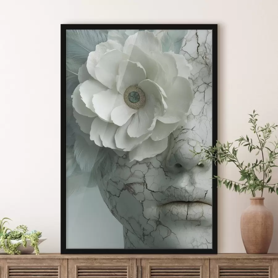 murales de pared rostro de mármol de una niña con una flor f45709