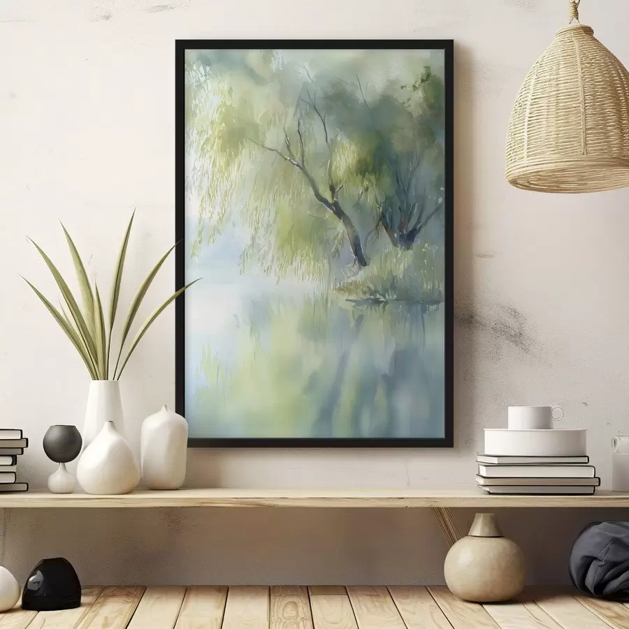 murales de pared árbol de sauce a orillas del lago en estilo acuarela f45715