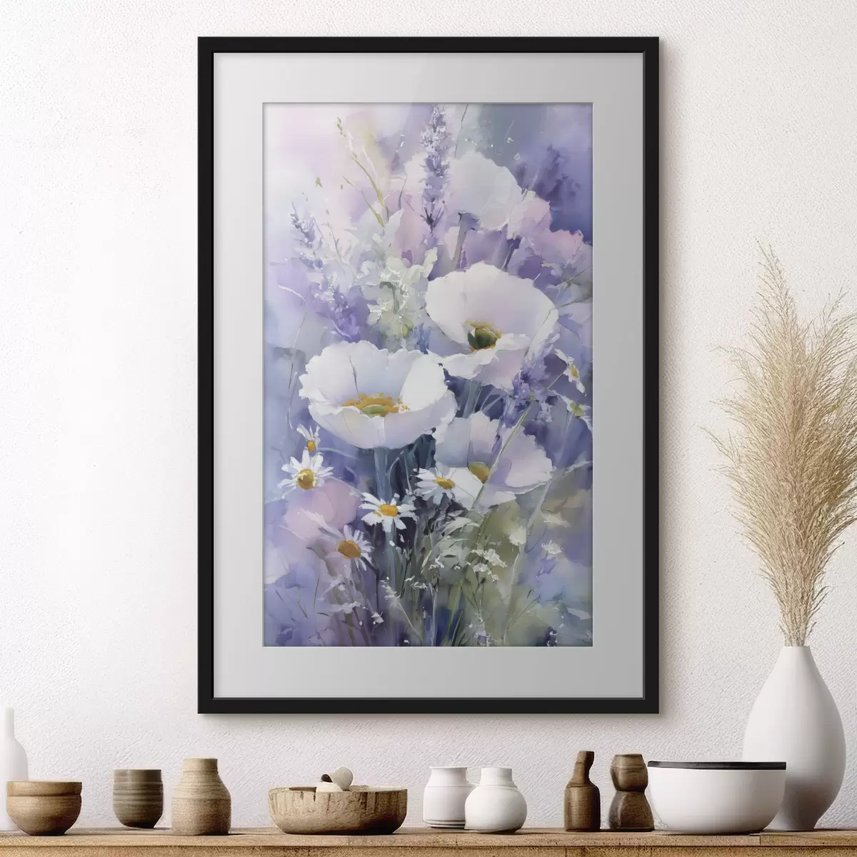 Poster ramo de acuarelas en tonos lila y blanco f45720
