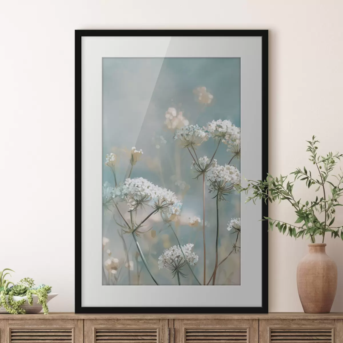 Poster Flores de Queen Anne's Lace en estilo acuarela sobre fondo azul f45721
