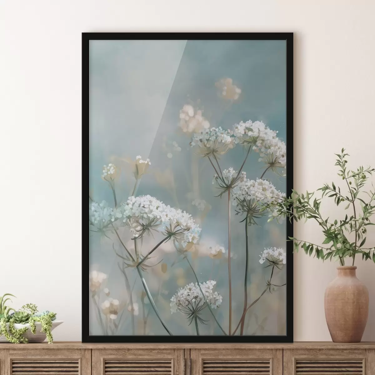 Poster Flores de Queen Anne's Lace en estilo acuarela sobre fondo azul f45721