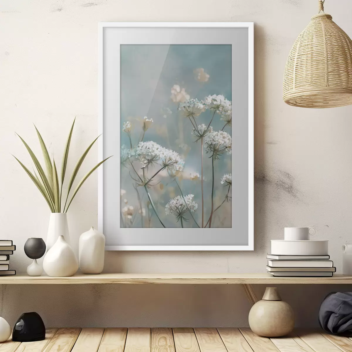 Poster Flores de Queen Anne's Lace en estilo acuarela sobre fondo azul f45721