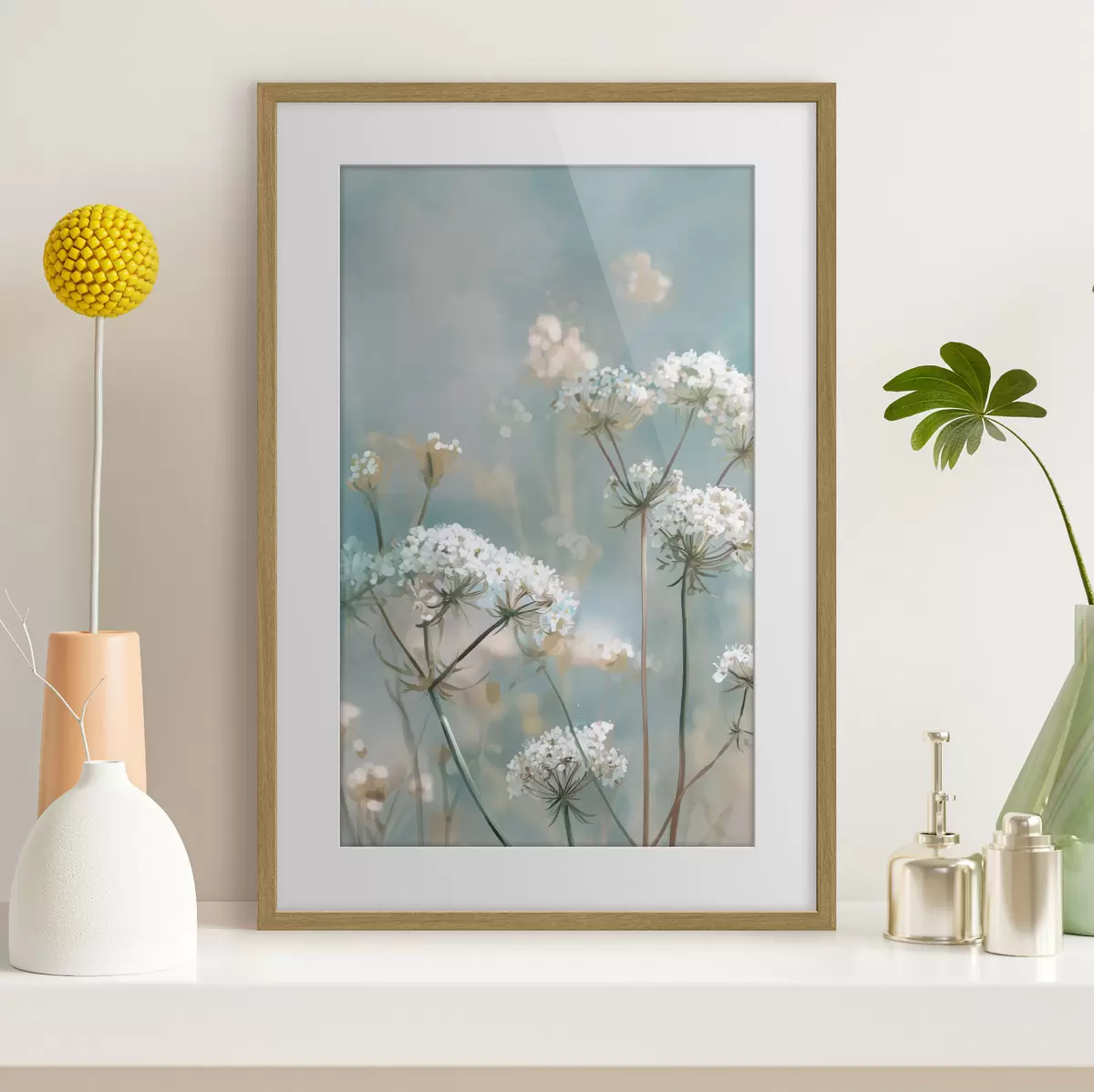 Poster Flores de Queen Anne's Lace en estilo acuarela sobre fondo azul f45721