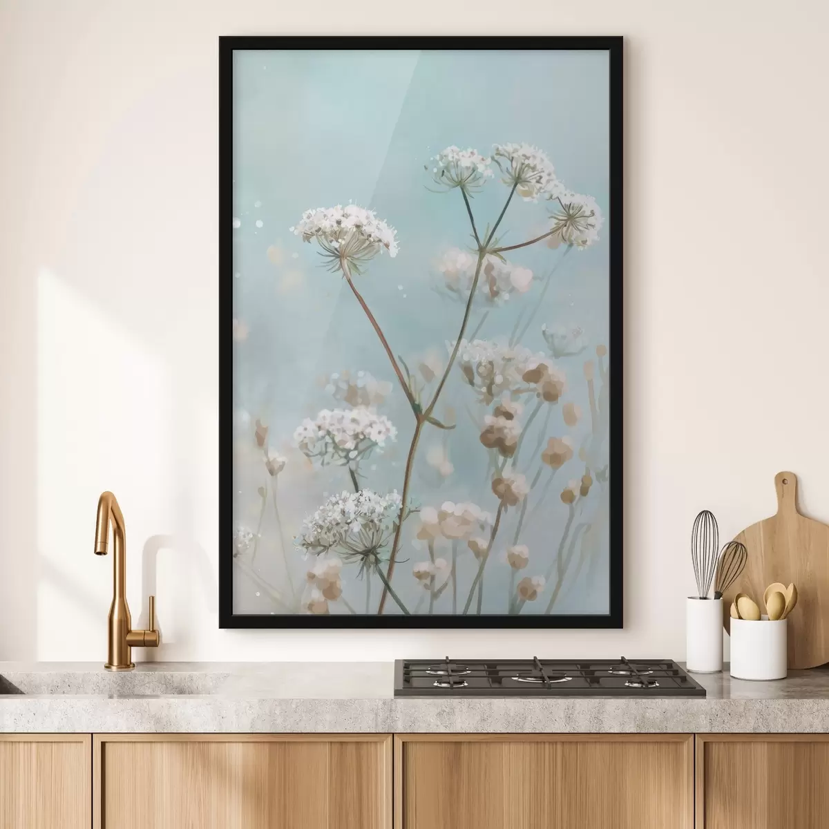 Poster Flores de Queen Anne's Lace en estilo acuarela sobre fondo azul f45722