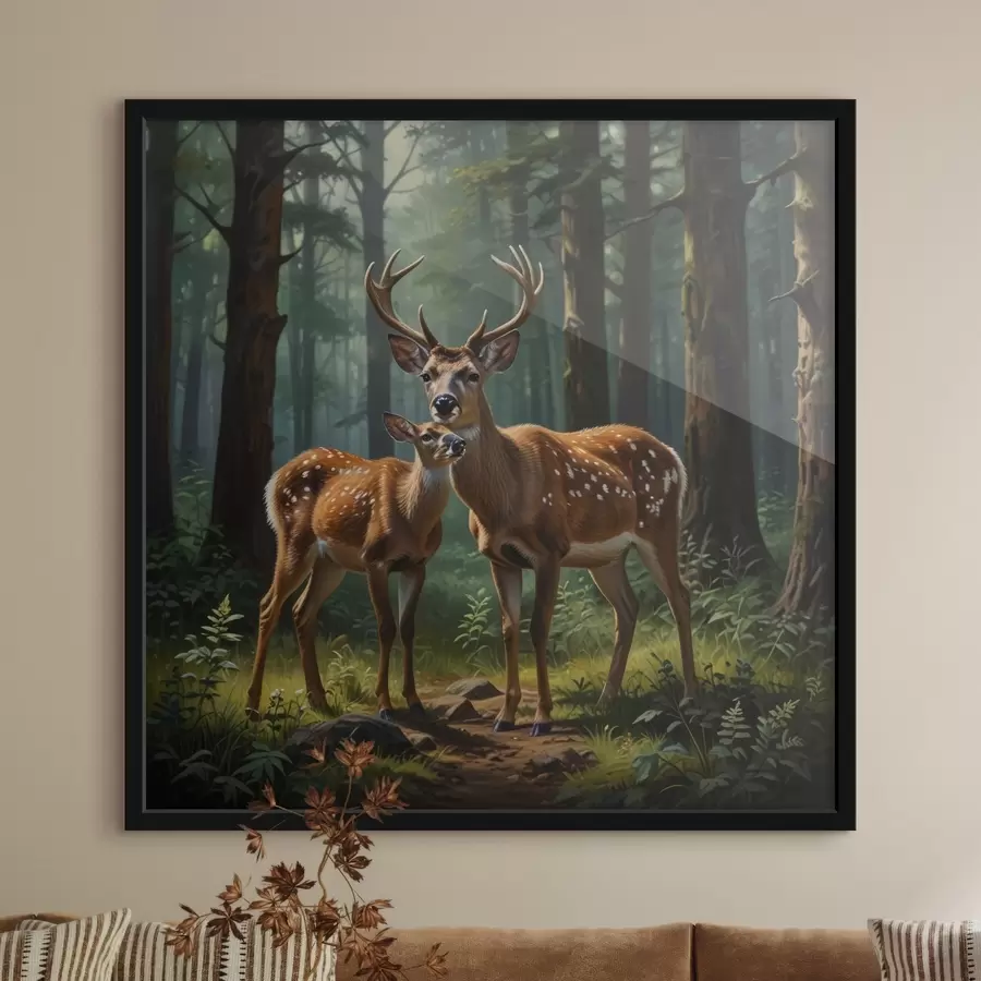 murales de pared ciervo con cervatillo en el bosque f45732