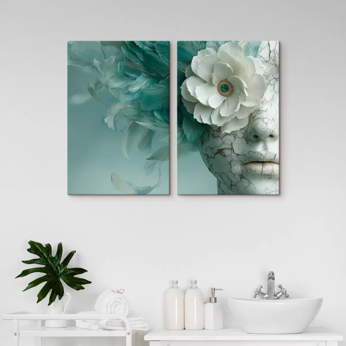 murales de pared rostro de mármol de una niña con una flor y plumas m00699