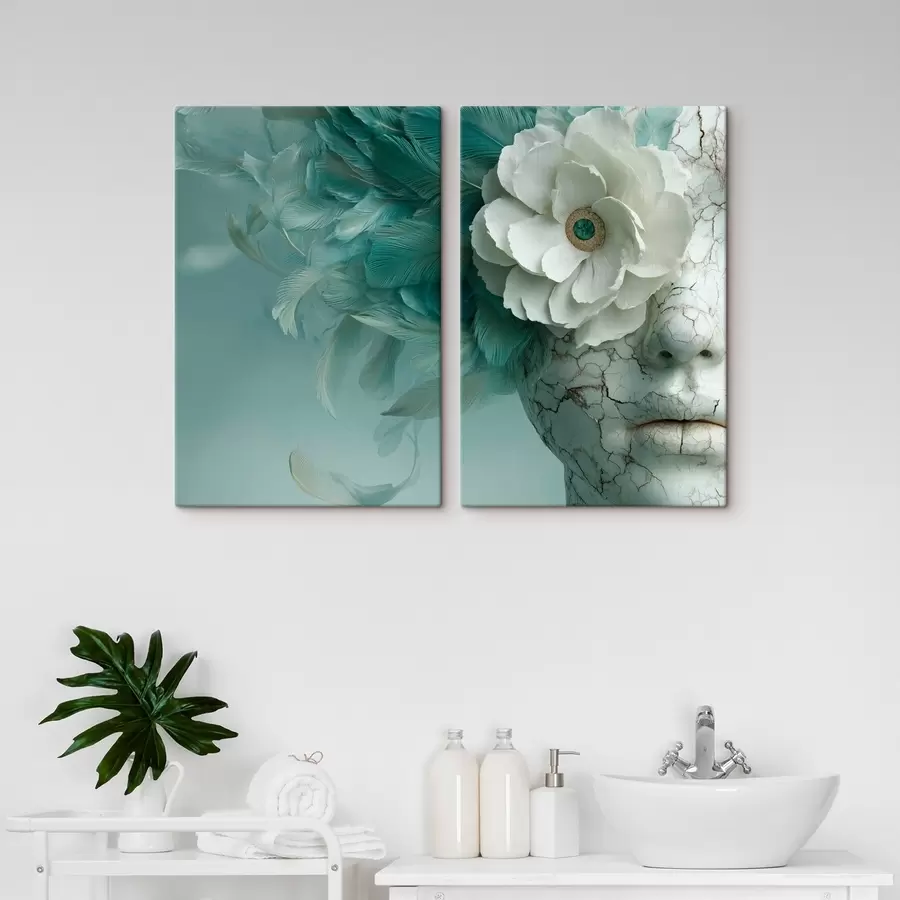 murales de pared rostro de mármol de una niña con una flor y plumas m00699