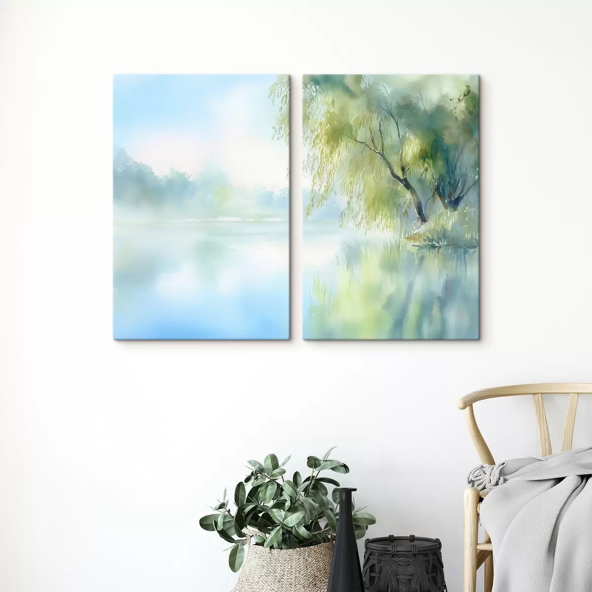 murales de pared árbol de sauce a orillas del lago en estilo acuarela m00702