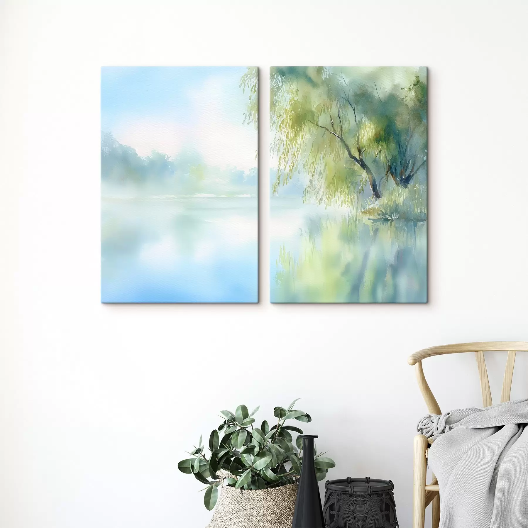 murales de pared árbol de sauce a orillas del lago en estilo acuarela m00702